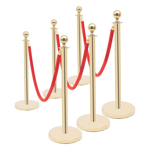 6 Pcs Stanchions with Red Velvet Ropes Set, 4 Red Velvet Ropes and 6 Posts Poles, Hollow Base with Stainless Steel Post for Red Carpet Party Decoration Crowd Control Barriers (Golden)