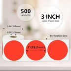 3 X 3 Inch Color Coding Dot Labels Circle Thermal Printable Waterproof 500 Pcs Round Stickers Adhesive Writable for Office, Home, Garage, DIY Sticker, Barcodes, Name Tag, Fluorescent Red