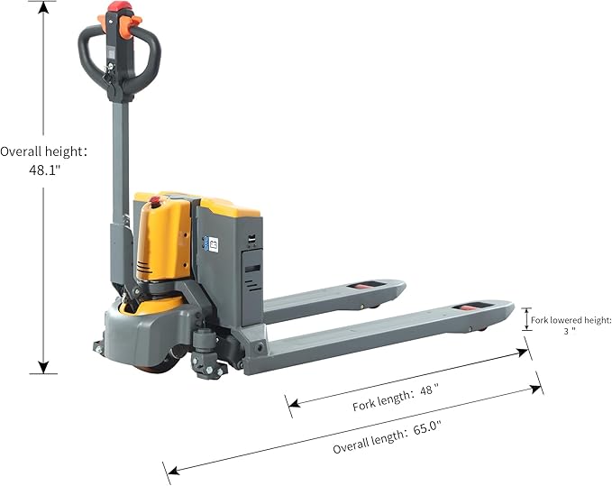 Tory Carrier Electric Pallet Jack Truck 3300lbs Capacity Lithium Electric Pallet Trucks 48" x27" Forks Li-ion Battery Lift for Narrow Spaces, Easy Battery Replacement-Yellow