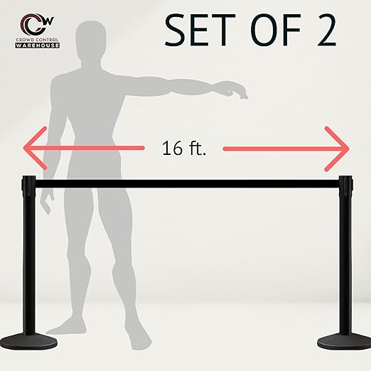 Crowd Control Warehouse CCW Series RBB-150 - Set of 2 Stanchion Retractable Belt Barriers - 16 Foot, Yellow Belt with Black Steel Post - Easy Assembly