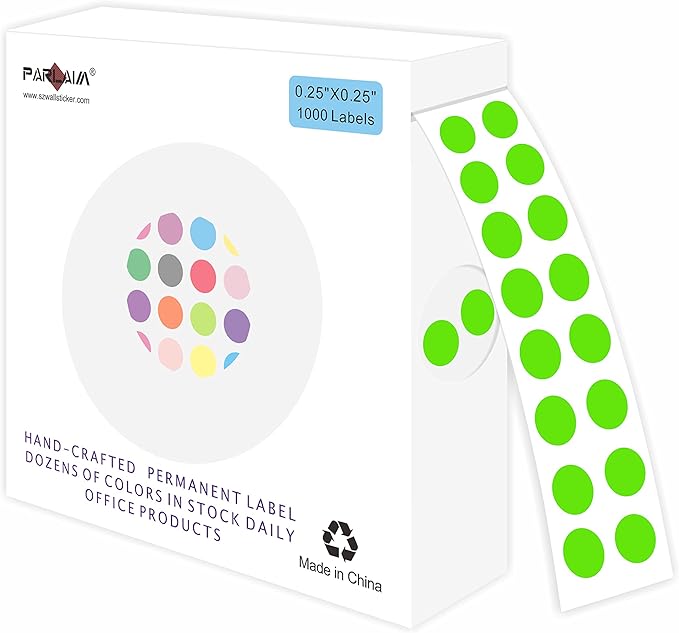 PARLAIM 1/4 Inch Round Permanent Adhesive Color-Code Dot Stickers, 1000 Stickers Roll Dispenser Box Green Circle Labels (Light Green)