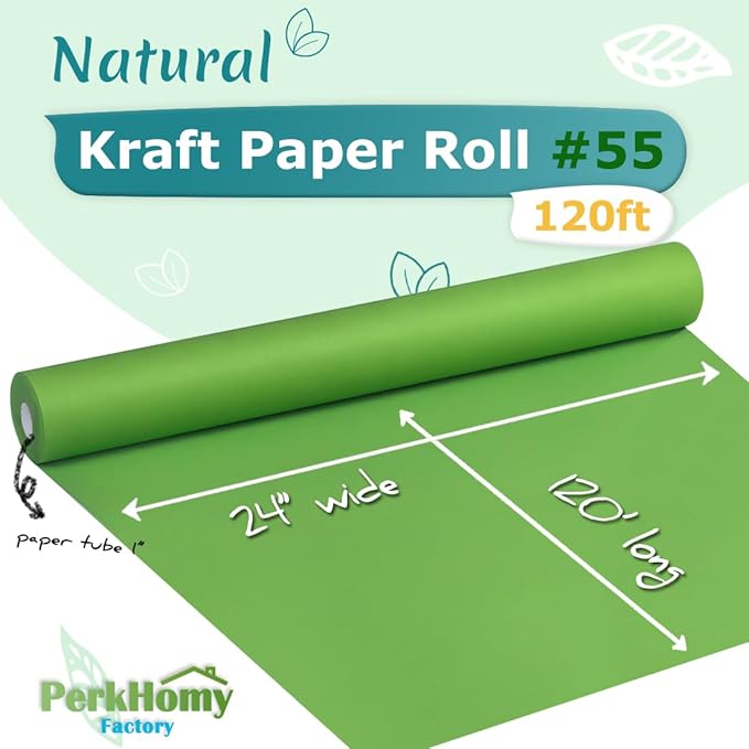 PerkHomy 24" x 1,440" (120') Medium Green Kraft Paper Roll for Craft Bulletin Board Paper Art Table Covering Crafting Gift Wrapping Bouquet Packing Parcel 80GSM 55LB (Medium Green, 24" x 120')