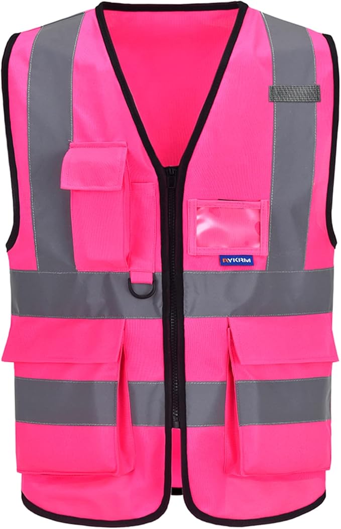 A-SAFETY 7 Pockets Hi Viz Zipper Front Working Safety Vest with Reflective Strips, Multiple Colors Available, Pink 4XL-5XL