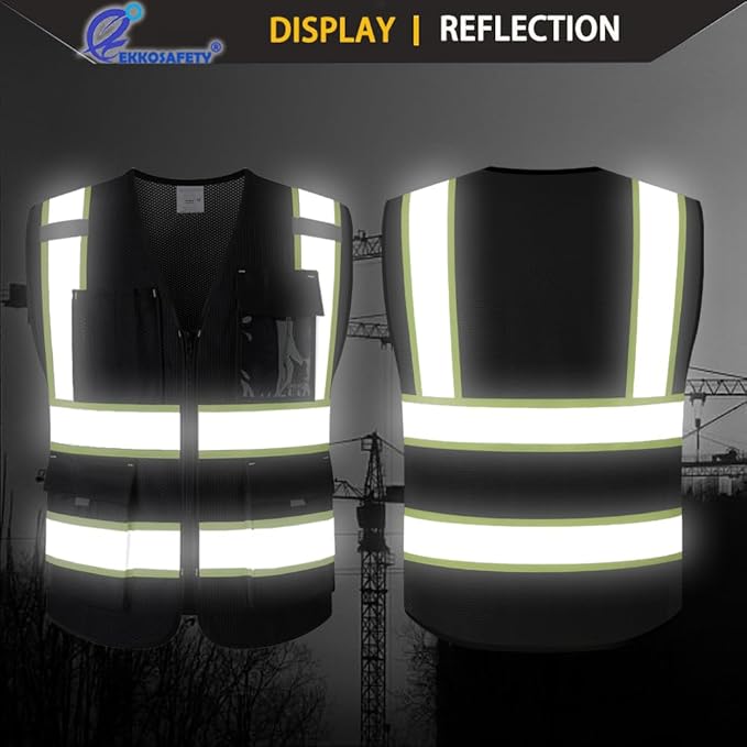 9 Pockes Black Reflecive Safety Vest for Men with Double Stitching Knots around All Pockets and Zipper High Visibility Mesh Construction Work Vest,Meets ANSI/ISEA Standards(EK176-Black-2XL)