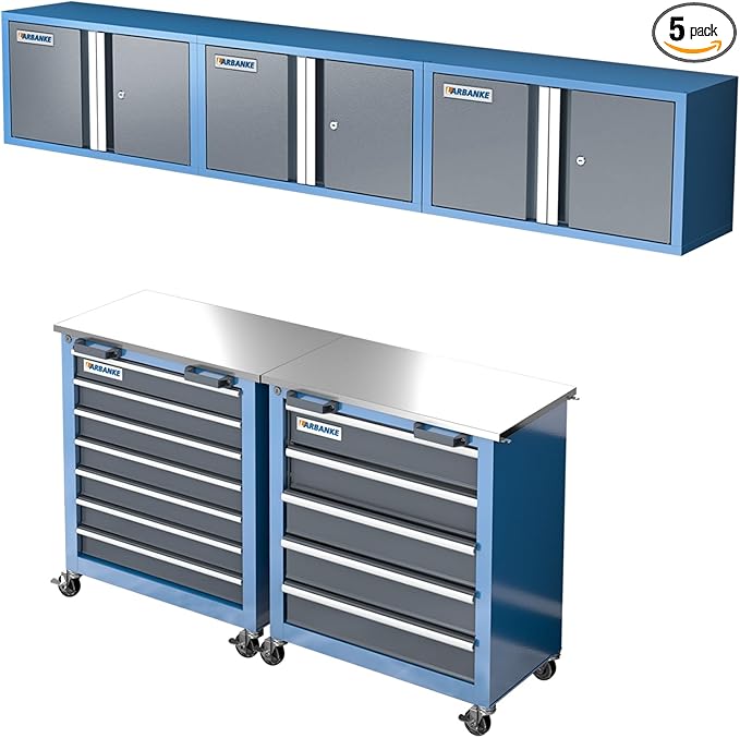 LARBANKE Metal Storage Cabinet System with Lock and Keys,Storage Cabinet System with 3 Wall Cabinet,One 5-Drawer Tool Chest and One 7-Drawer Tool Chest,Universal Brake Wheel &Padded Feet Attached