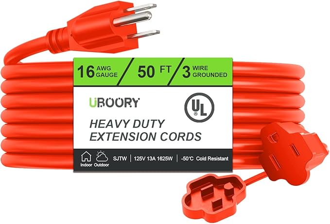 Outdoor Extension Cord Waterproof 50 FT, Orange 16/3 SJTW Heavy Duty, Flexible 100% Copper 3 Prong Extension Cord for Lawn, Garage,UL Listed