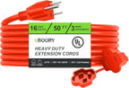 Outdoor Extension Cord Waterproof 50 FT, Orange 16/3 SJTW Heavy Duty, Flexible 100% Copper 3 Prong Extension Cord for Lawn, Garage,UL Listed