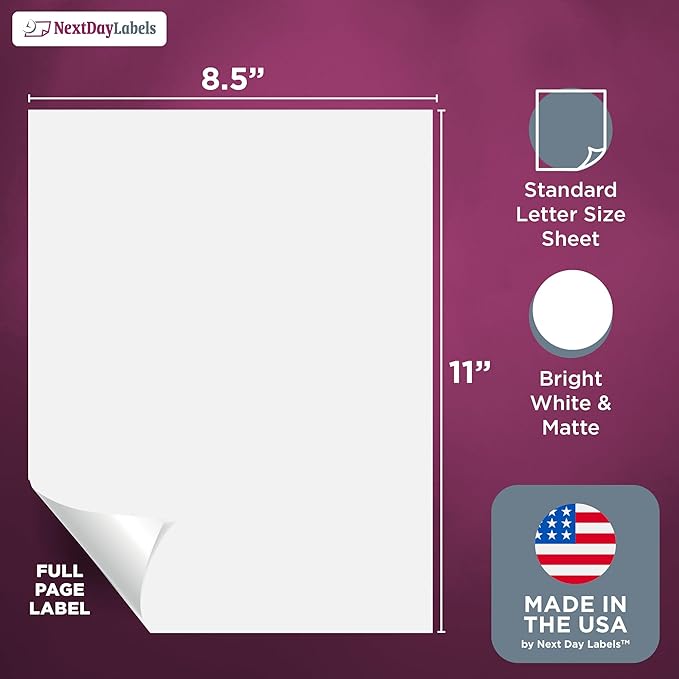NextDayLabels - Full Page Labels 8.5 x 11 - White Shipping Labels - 8.5 x 11 Label Paper for Printer - Large Blank Matte Sticker Printer Paper - Laser/Inkjet Printer Labels (1 Per Sheet, 100 Labels)