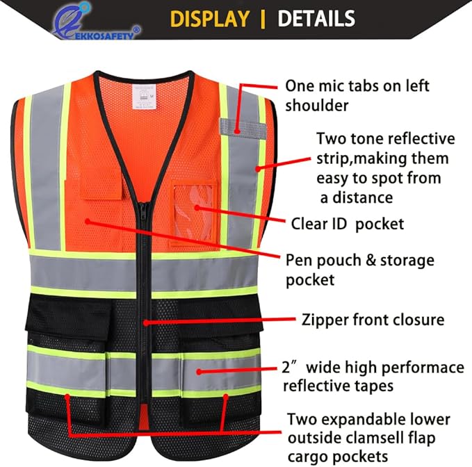 Reflective Mesh Safety Vest for Men Women with 5 Pockets and Zipper Front High Visibility Mesh Vest Hi Vis Construction Work Vest,Meets ANSI/ISEA Standards(EK175-Orangeblack-M)
