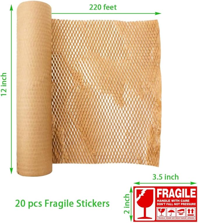 Honeycomb Packing Paper 12" W x 220' L Packing Paper for Moving Products & Gifts Honeycomb Wrapping Paper Recyclable and Biodegradable Cushioning Packing Material with 20 Fragile Stickers