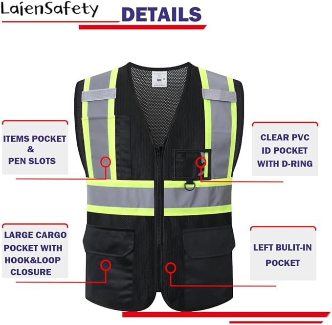 Reflective Safety Vest for Men Women with Multiple Pockets Mesh High Visibility Vest Hi Vis Construction Work Vest,Meets ANSI/ISEA Standards(EK1-178-Black-XL)