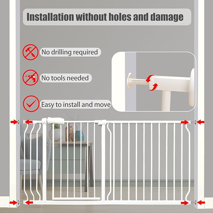 Heavy Duty Baby & Dog Safety Gate 86-104.7 Inch, White Metal, Tension Mounted No Drilling Pet Gate for Large Openings