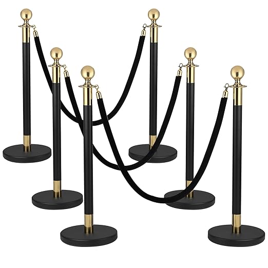 6 PCS Stainless Steel Stanchion Post,5 Ft Black Velvet Ropes and Stanchion Poles Set Crowd Control Barriers with Fillable Base Used for Party Wedding Theaters Red Carpet