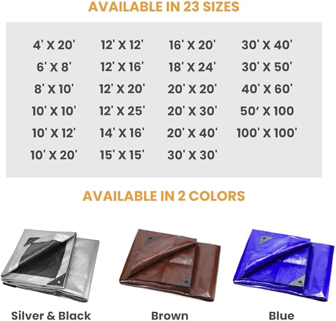 WHITEDUCK 12' x 16' Super Heavy Duty Poly Tarp Thick 16 Mil, Waterproof 100% UV Resistant Rip/Tear Proof Tarp w/Rustproof Grommets & Reinforced Edges Blue,16 mil Finished Size: 11'6"x15'6"
