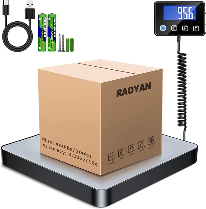 Shipping Scale, 440lb/0.5oz High Accuracy Digital Scale for Packages with Hold, Tare Function, Postal Scale for Small Business, Luggage, Home Use (Battery & Charging Cable Include)