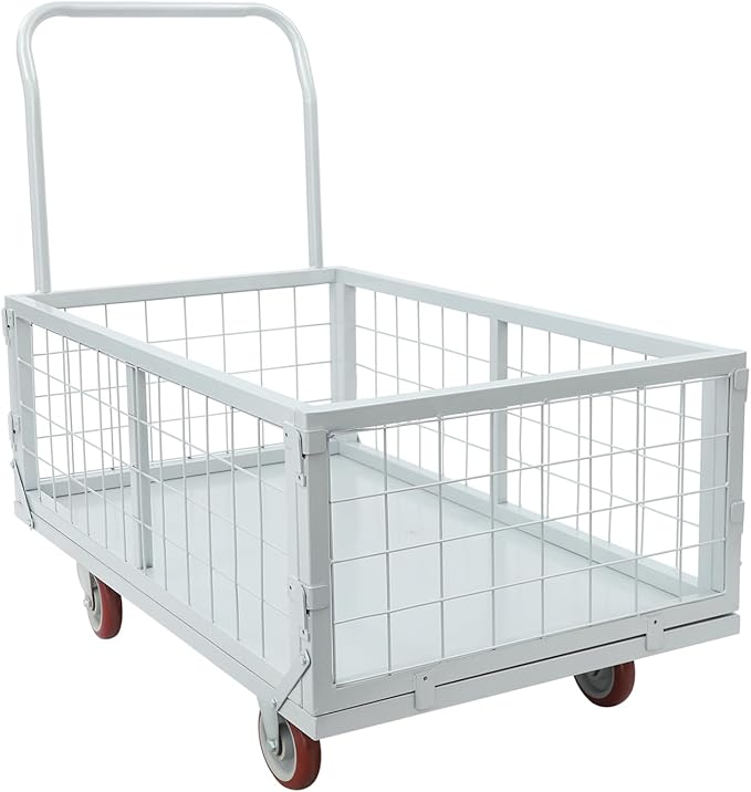 Platform Truck Cart with Cage, 4 in 1 Mutipurpose Handcart with Wheels, 2200lbs Capacity Heavy Duty Push Cart Dolly Foldable Flatbed Cart for Workshops Warehouses Supermarkets