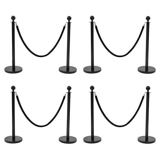 Crowd Control Barriers Black Gold Stanchions Posts, 4 Black Ropes and 8pcs Stainless Steel Poles with Hollow Base, Stanchions with Ropes Set for Airport,Parties,Grand Opening