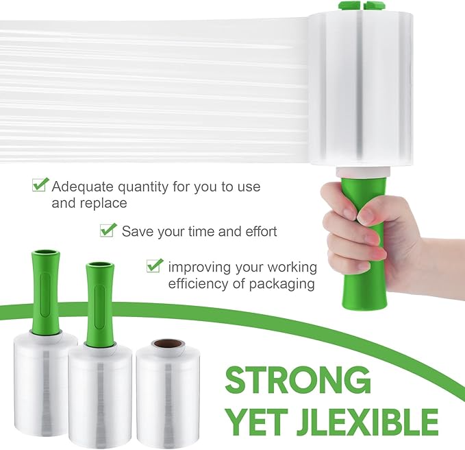 Jutom 16 Pcs Stretchy Wrap Roll Plastic Wrap for Moving with 2 Handles 5" x 1000 ft Packaging Shrink Film Self Adhering Shipping Supplies for Moving Furniture Pallet (Clear,Green)