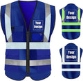 YOWESHOP High Visibility Safety Vest Custom Your Logo Protective Workwear 5 Pockets With Reflective Strips Outdoor Work Vest (XL, Navy Blue Luminous)