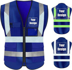YOWESHOP High Visibility Safety Vest Custom Your Logo Protective Workwear 5 Pockets With Reflective Strips Outdoor Work Vest (M, NavyBlue Luminous)