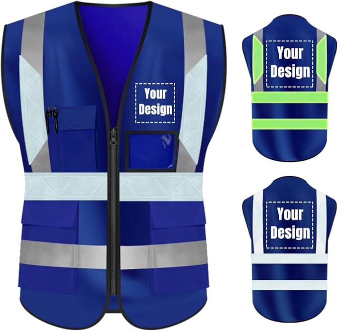 YOWESHOP High Visibility Safety Vest Custom Your Logo Protective Workwear 5 Pockets With Reflective Strips Outdoor Work Vest (M, NavyBlue Luminous)