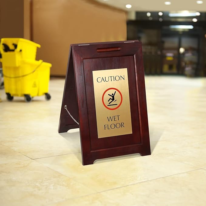 SmartSign (2-Pack) Premium "Caution Wet Floor" Wooden A-Frame Standing Floor Sign with Symbol, 2-Sided, 24" x 15", Hardwood Pine Frame, 120 mil Brass ACM Sign Face, Black on Gold, Made in USA