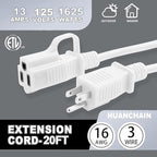 HUANCHAIN Indoor Outdoor White Extension Cord 20 ft Waterproof, 16/3 Gauge Flexible Cold-Resistant Appliance Extension Cord Outside, 13A 1625W 16AWG SJTW, 3 Prong Electric Cord, ETL