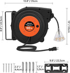 Retractable Extension Cord Reel, 50 FT Heavy Duty Power Cord, 14AWG/3C SJTOW, 3 Grounded Outlets Lighted Triple Tap, 13 Amp Circuit Breaker, UL Listed, Orange B50CR06