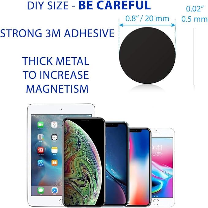Cell Phone Metal Stickers 0.8 inch for Magnetic Car Mount. Replacement Set of 32 Mini Magnet Metal Plates. Silver Car Sticky Small Round Iron Discs with 3M Adhesive Backing for Case, DIY, Crafts.