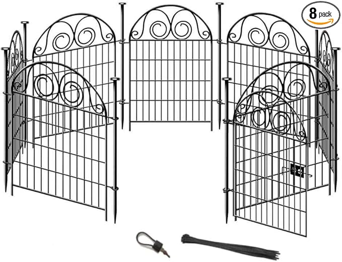 Tall Garden Animal Barrier Fence With Gate, 32 in(H)×27 in(L) 8 Panels Dog Digging Fencing Barrier, Black Metal Temporary Fence, Reusable Defense Fences For Outdoor Yard. Total 17.5 Ft│Patented