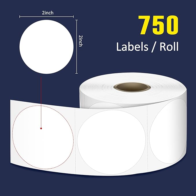 L LIKED 2" Round Direct Thermal Labels for Block, Permanent Adhesive Circle Label & Compatible with Rollo, Zebra and Other Desktop Printers (1 Roll, 750 Labels)