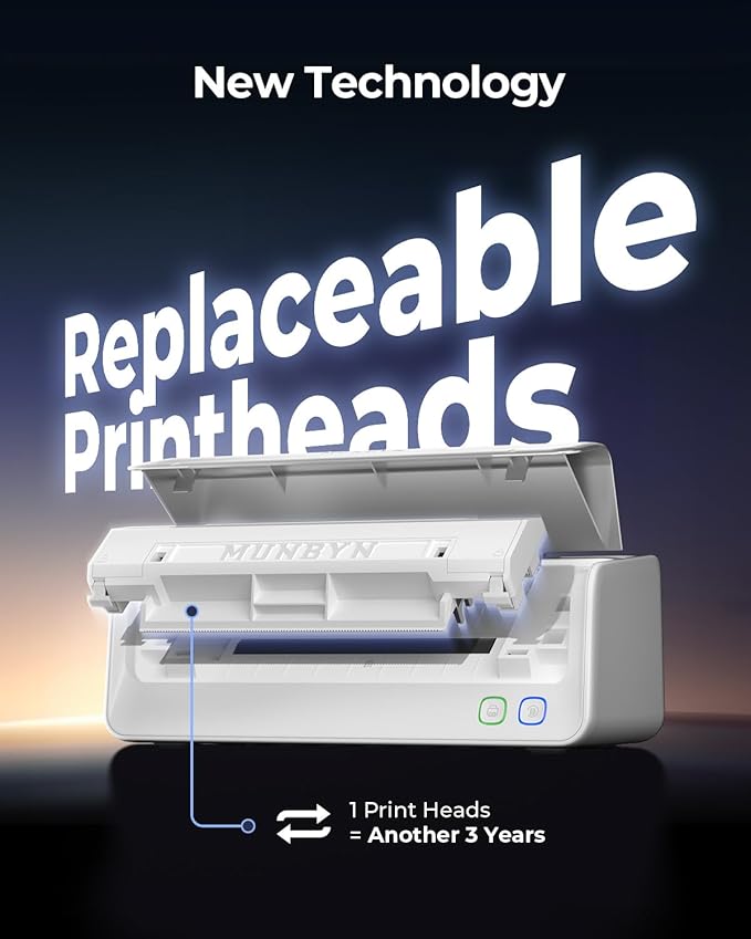 MUNBYN Replaceable Print-Head Bluetooth Thermal Label Printer with Paper Holder, RW405B, Wireless 4x6 Shipping Label Printer for Small Businesses Compatible with Mac, Windows, iPhone, Android, Chrome