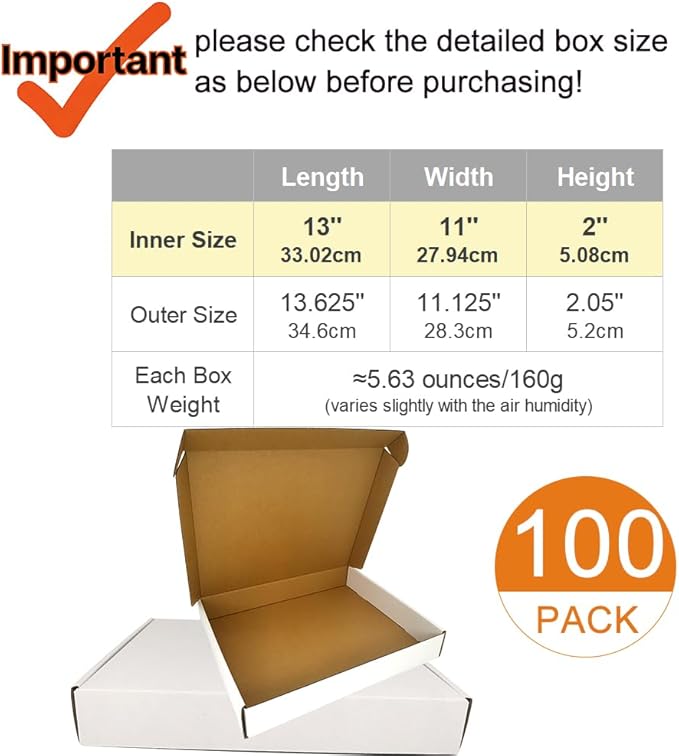 100 Pack 13x11x2'' Small Shipping Boxes, Corrugated Cardboard Mailers for Business, White (CM13112-100)