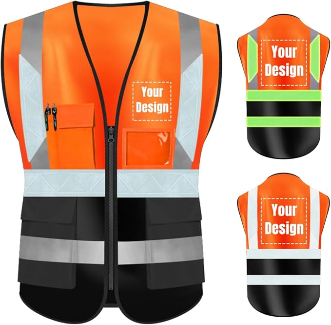 YOWESHOP High Visibility Safety Vest Custom Your Logo Protective Workwear 5 Pockets With Reflective Strips Outdoor Work Vest (S, Orange Black Luminous)