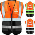 YOWESHOP High Visibility Safety Vest Custom Your Logo Protective Workwear 5 Pockets With Reflective Strips Outdoor Work Vest (2XL, Orange Black Luminous)