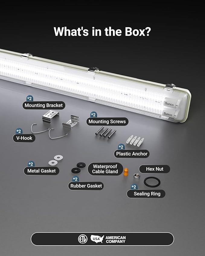 Sunco LED Ready Fixture for Garage Ceiling, 4ft Shop Lights Holds 2 LED Tube Lights, Non-Dimmable, Surface Mount, Works with Type B and Hybrid Tubes, 120-277V, Wet Rated ETL 24 Pack