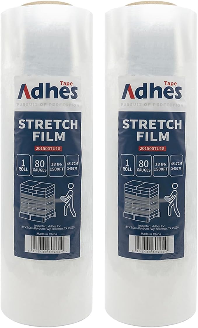 ADHES Heavy Duty Shrink Wrap Roll, 18 Inch x 1500 Feet, 2-Pack Stretch Wrap Stretch Film, 80 Gauge Industrial Strength Plastic Moving Rrap for Pallet Wrap, Furniture Wrapping Moving & Protection