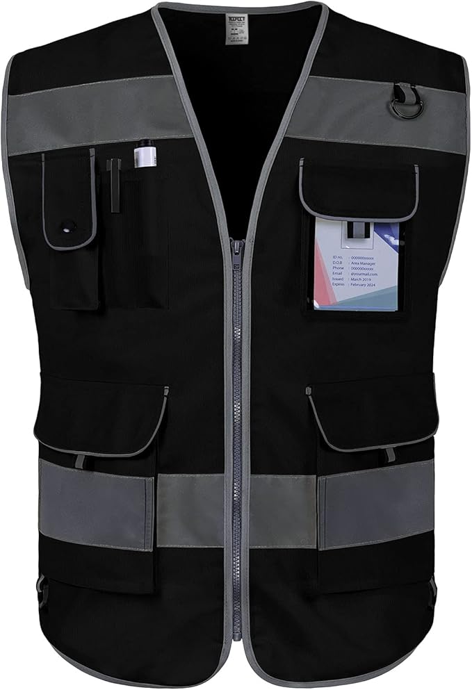 TCCFCCT Reflective Safety Vest, 9 Pockets High Visibility Vest for Men Women, Hi Vis Reflective Work Vest for Safety, Meets ANSI/ISEA Standards, (Black, XX-Large)