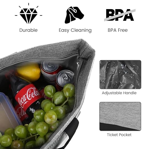 Insulated Reusable Tote Bag for Grocery Shopping for Women/Men, Waterproof Cooler Bags for Travel/Beach/Picnic, Pizza/Food Delivery Bag to Keep Food Cold/Hot (Cationic Cloth, Grey，2-Pack)