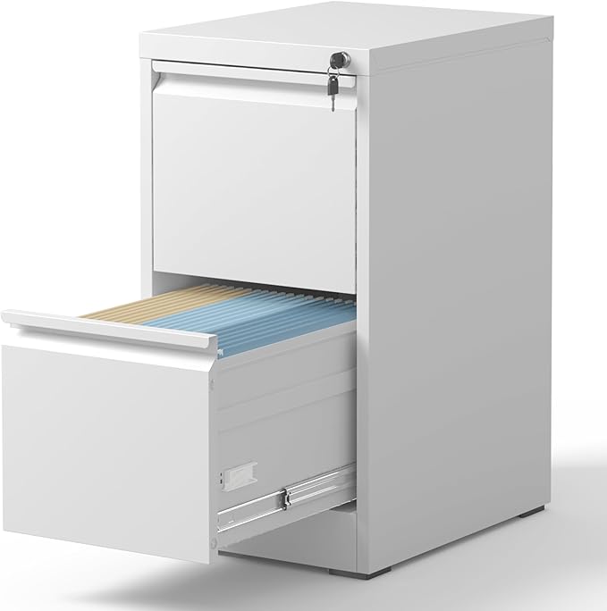 2 Drawer File Cabinet with Lock, Steel Vertical Filing Cabinets for Home Office, Small Metal Storage Cabinet for Hanging Legal/Letter Size Files, Assembly Required (White)