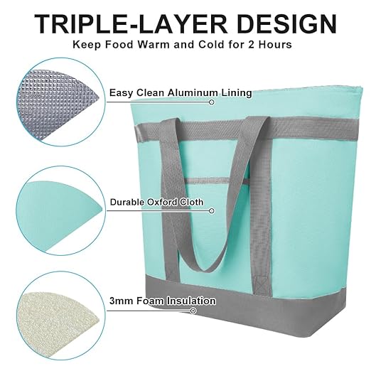 2Pk Insulated Reusable Tote Bag for Grocery Shopping for Women/Men, Pizza/Food Delivery Bag to Keep Food Cold/Hot for Professional Catering, Cooler bags for Travel/Beach/Picnic, Green