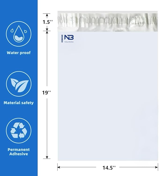 NB 14.5x19 Inch – 500 Pcs White Poly Mailers Strong Adhesive Self-Seal Shipping Envelopes, Tear & Water Resistant Packaging for E-Commerce and Small Business