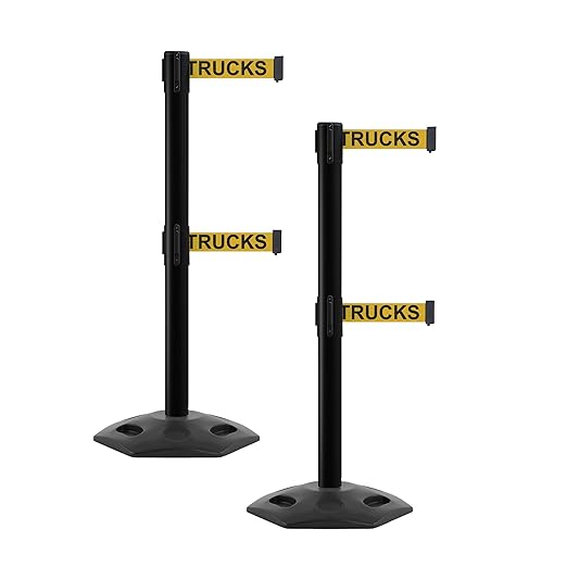 CCW Series WBB-200D - Set of 2 Retractable Dual Belt Barrier Stanchion, Heavy Duty Rubber Base, Black Post (7.5 Foot Belt, Yellow with"Danger - Forklift Trucks" Black Letters Belt)