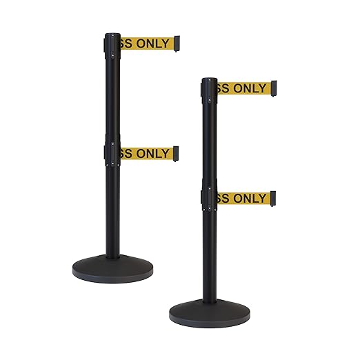 CCW Set of 2 Stanchion Retractable Belt Barriers, Sloped Base (7.5 Foot Belt, Yellow with"Authorized Access ONLY" Black Letters Dual Belt with Black Post)