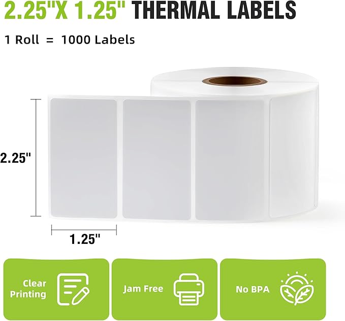 2.25"x 1.25" Direct Thermal Labels-Perforated Barcodes, Shipping Label Paper, Compatible with Zebra & Rollo Printers（10 Rolls，1000 Labels/Roll）