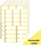 Gold Labels Stickers, Removable Blank Labels Gold Border, Self-Adhesive Rectangular Stickers Water/Oil/Tear Resistant for Storage, Classroom, Home (2 Size, 300 Sheet)