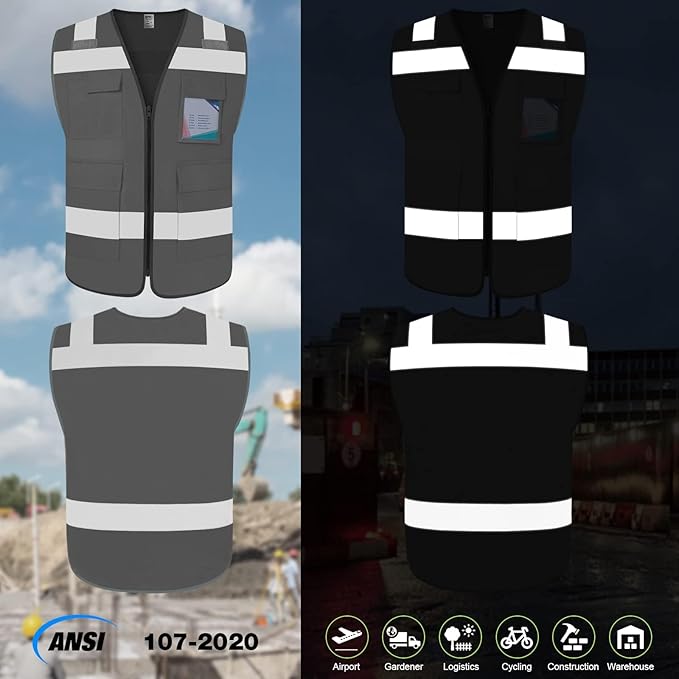 TCCFCCT Hi Vis Vest 5 Pockets High Visibility Reflective Safety Vest for Men Women, Neon Construction Vest with Horizontal Strip for Walkie-talkie and ID Card, Meets ANSI/ISEA Standards, Grey,M