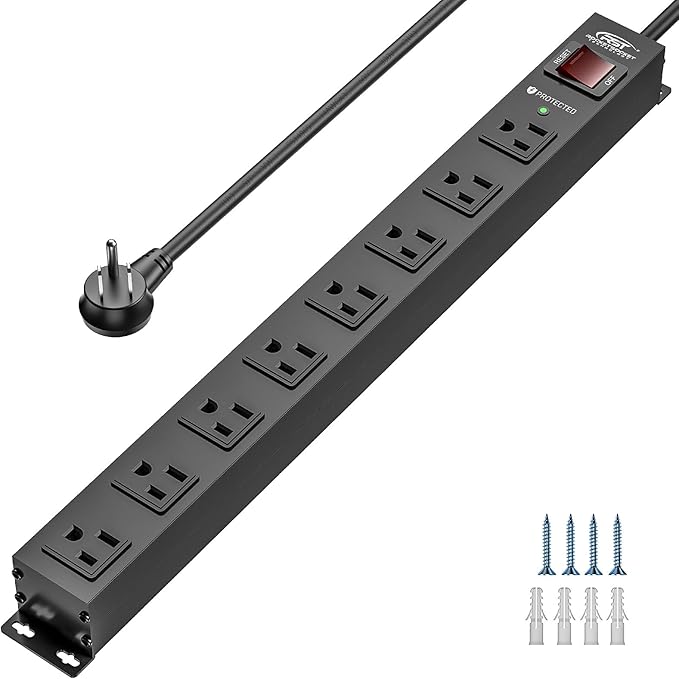 CRST 8 Outlet Metal Heavy Duty Power Strip, 2100J Surge Protector, 6FT Cord Mountable Wide Spaced Industrial Power Strip,15A/1875W