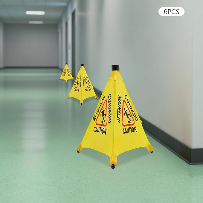 Caution Wet Floor Sign, 6 Pcs 20 Inch Pop up Wet Floor Sign with Storage Tube, Foldable Triple-sided Bilingual Safety Warning Signs for Commercial Stores Grocery Restaurant Restroom Office (6, 20 In)