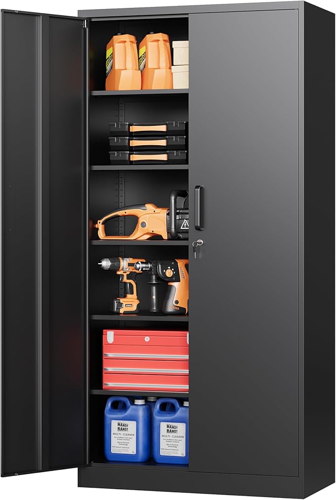 STANI Metal Garage Storage Cabinet with Lock, 71" Steel Lockable File Cabinet, Locking Steel Storage Cabinet with 5 Adjustable Shelves for Home, Office, Warehouse, Garage, School (Black)